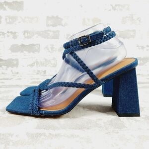 New GABRIELLE UNION Nicolina Blue Denim Block Heel Braided Sandals O172